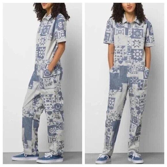 VANS Pants - VANS MORO BLUE & WHITE PATCHWORK BUTTON UP COVERALLS SZ XS